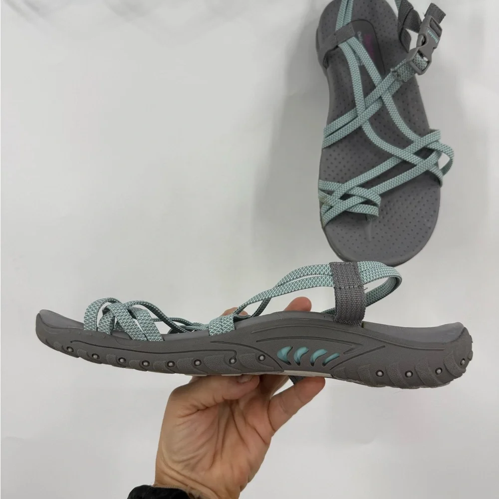 Skechers Women's Reggae - Irie athletic sandals in the Gray/Aqua colorway 10